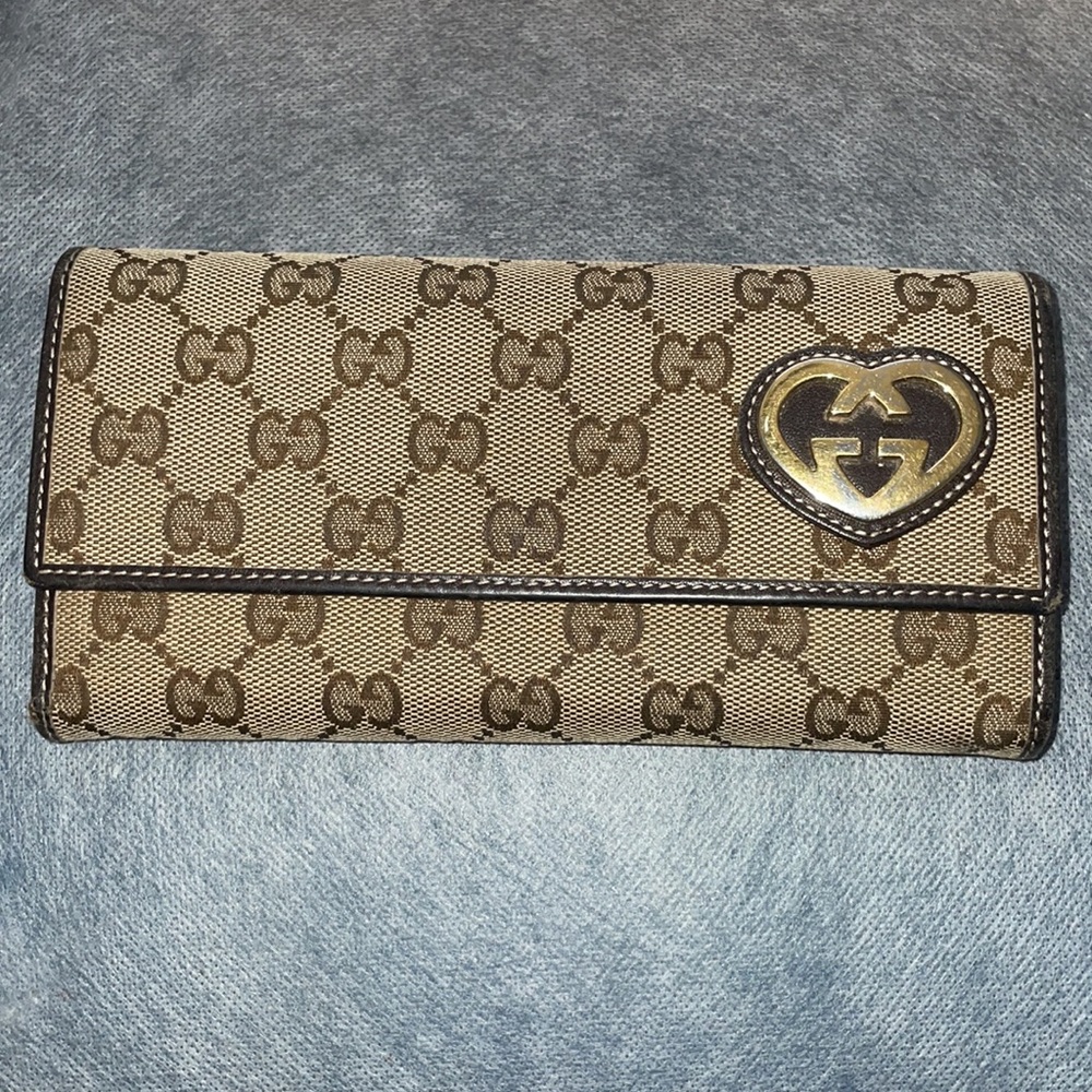 GUCCI HEART SIGNATURE JACQUARD GG BROWN LEATHER TRIM WALLET